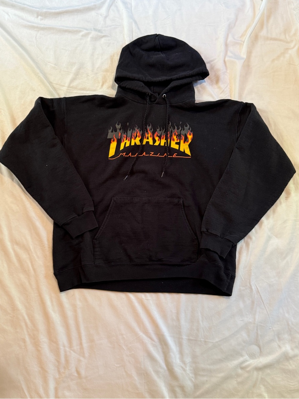 Vintage Thrasher Black Hoodie with Flame Logo